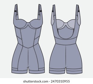 Mujeres deportivas sin mangas Traje de cuerpo pantalones cortos ropa activa diseño plano sketch moda Ilustración, Leotardo adecuado para niñas y damas . Bodycon mono con sujetador deportivo active wear