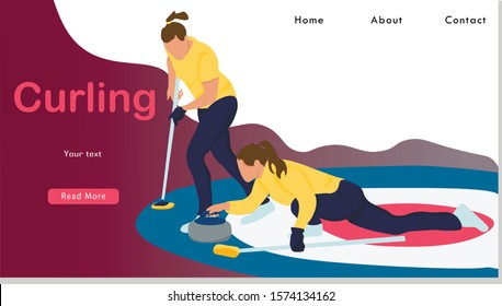 Women Sports Team Playing Curling Game Website Landing Page. Girls Sweeping Ice With Special Brushes And Pushing Granite Stones To Target On Ice  Web Page Banner. Cartoon Flat Vector Illustration