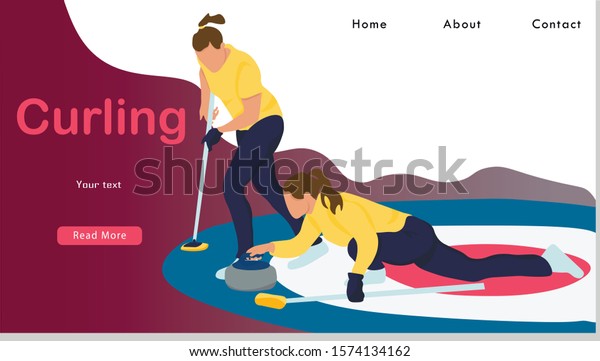 Women Sports Team Playing Curling Game\
Website Landing Page. Girls Sweeping Ice with Special Brushes and\
Pushing Granite Stones to Target on Ice  Web Page Banner. Cartoon\
Flat Vector Illustration