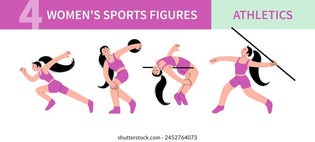 Frauen Sportler Charaktere Workout Set. Professionellen Sportlerinnen. Laufen, Hochspringen, Diskuswerfen und Speerwerfen. Symbole für Sportwettkämpfe. Modernes minimalistisches Design. Vektorgrafik flach