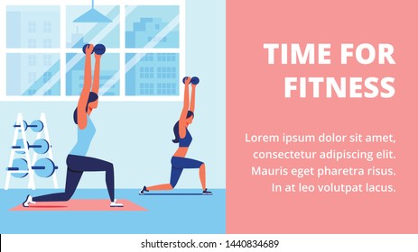 Women in Sportswear in Gym with Blue Interior. Sports Training for Women. Time for Fitness. Training with Dumbbells. Vector Illustration. Training Two Women. Healthy Lifestyle. Weight Loss System.