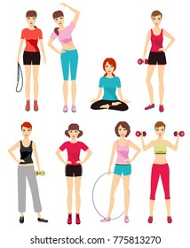 Women in sportswear set. Sport outfit young woman vector illustration.