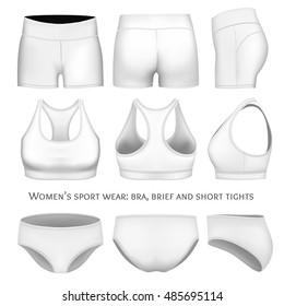 Women sportswear, sport bra, short tights and briefs. Fully editable handmade mesh. Vector illustration.