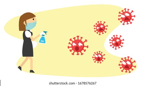 Frauen, die Desinfektionsmittel sprühen.Maid.Coronavirus disease 2019.Vektorillustration illustration.Frau, die eine Maske trägt.