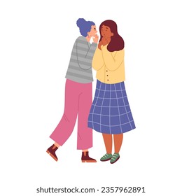 Women spreading rumors and gossips, flat vector illustration isolated on white background. People whispering in ear, telling secrets or news. Two friends chatting.