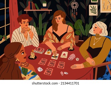 Women spreading tarot cards at table. Fortune teller reading and telling future. Soothsayer forecasting destiny, fate. Taro divination and prediction. Esoteric occult seance. Flat vector illustration