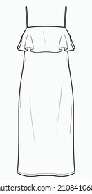 women square neck spaghetti strap slip dress fashion flat sketch vector illustration template. CAD mockup