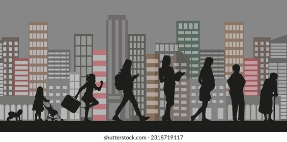 Women, stages of development. Silhouettes against the background of the city, metropolis. Life from birth to old age. ESP 10.