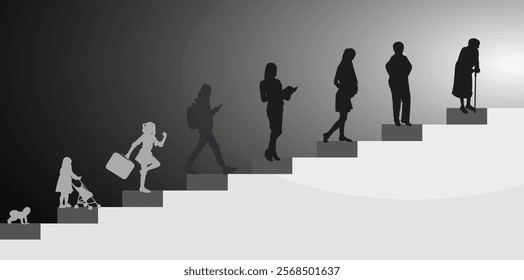 Women, stages of development. Silhouettes on stairs going towards the light. The speed of life. ESP 10.