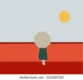 Women stand backwards with umbrella looking sunset on city building. Vector illustration
