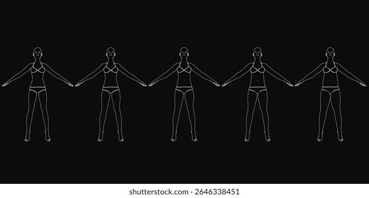 Women stand in a line with arms outstretched, each wearing a different outfit from a short dress to a long-sleeved top. The animated line drawing against a black background creates a sense