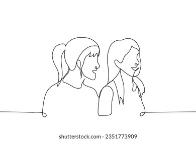 women stand nearby and smile look away - one line art vector. concept of girlfriend, sister or lovers enjoy each other