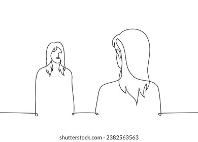 women stand opposite each other - one line art vector. concept female antagonist, rival, conflict, clash, look at your reflection