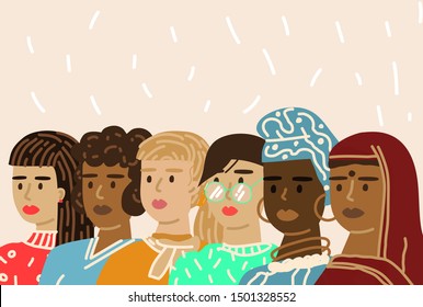 Women stand in a row. Cute international girl faces, sketch background with women portraits. Vector feminist movement poster