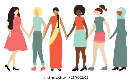 Women stand together and hold hands. Fighting for the rights of women. The group of feminists and sisterhood. Female in modern and traditional dress. Flat cartoon characters. Different nationalities.