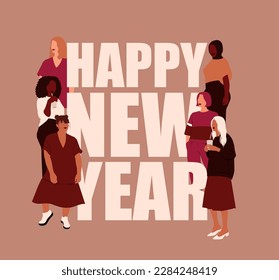 women stand together at the inscription of the new year 2024. card with girls of different nationalities and cultures for the celebration of the new year. Unity concept, Vector flat illustration