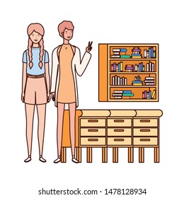 women standing with bookshelf of wooden and books