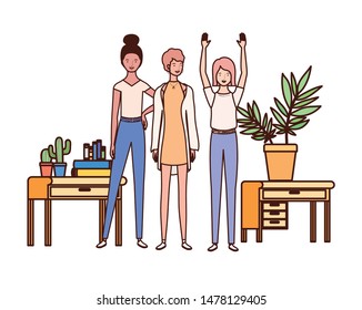 women standing with bookshelf of wooden and books