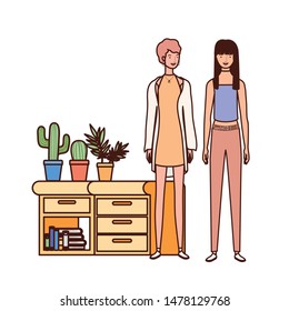 women standing with bookshelf of wooden and books