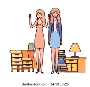 women standing with bookshelf of wooden and books