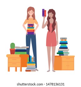 women standing with bookshelf of wooden and books
