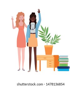 women standing with bookshelf of wooden and books