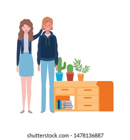 women standing with bookshelf of wooden and books