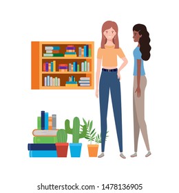 women standing with bookshelf of wooden and books