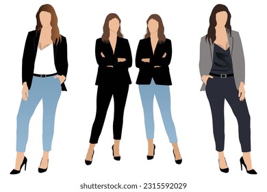 Women standing in different poses. female character vector illustration isolated on white background.