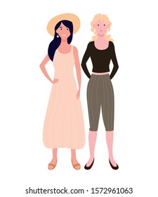 women standing with different poses on white background vector illustration design