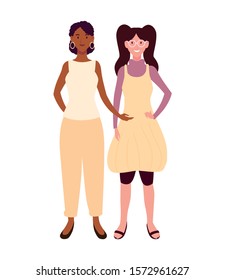 women standing with different poses on white background vector illustration design