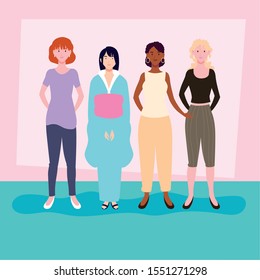 women standing with different poses vector illustration design