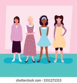 women standing with different poses vector illustration design