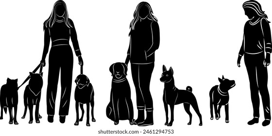 women standing with dog silhouette on white background vector