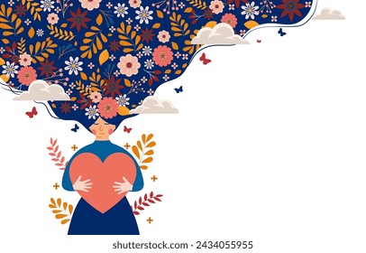 women standing with embraces a big red heart and mindfulness of love, with floral decoration. vector illustration