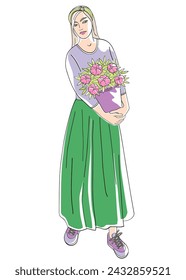 Women standing with flowers pot