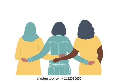 Women are standing and hugging. Back view. International Women's Day concept. Women's community. Female solidarity. Vector illustration.