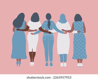 women are standing and hugging. Back view. International Women's Day concept. Women's community. Female solidarity. Vector illustration