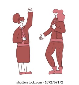  Women standing with microphone. Orator speaking. Girls with mike in full length. Vector flat color illustartion.