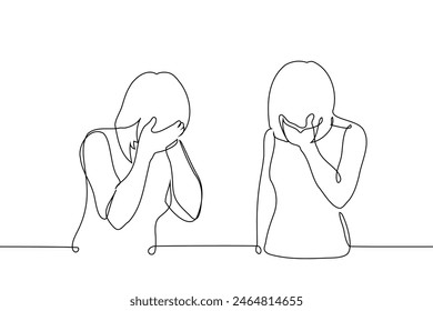 women standing nearby covered their face with their palms - one line art vector. concept of shame, cringe, sob and grieve. Handmade vector not AI 