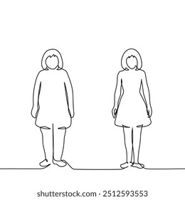 women standing next to overweight and slim - one line art vector. concept before and after weight loss. Handmade vector not AI