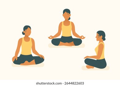 Women in standing poses with raised arms and extended legs performing strength and balance positions from yoga and pilates