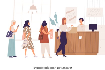 Women standing in queue at boutique. Female character shopping in clothing store. Cashier at checkout counter selling clothes. Sale and discount in fashion outlet. Vector illustration in flat style