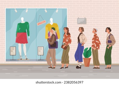 Women standing in queue at boutique. Female shopping in clothing store. Customers in front of shop entrance doors, waiting in line. Sale and discount in fashion outlet. Store and showroom opening