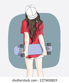 Women standing skateboarding in the summer.Teen skateboarders are posing and standing, turning their backs against the wall.Doodle art concept,illustration painting