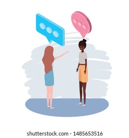 women standing with speech bubble on white background