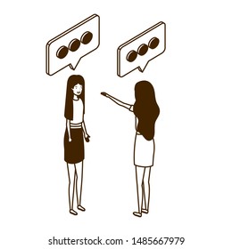women standing with speech bubble on white background
