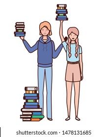 women standing with stack of books on white background