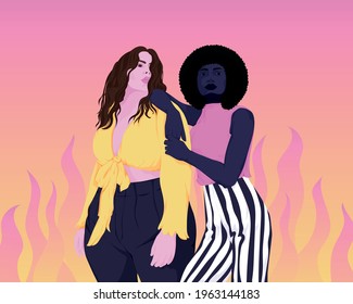 Women standing together against inequality vector illustration