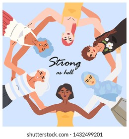 Women standing together in a circle with their hands on their backs. The concept of support, understanding, unity, collaboration and women friendship. A card or a banner with strong women smiling.